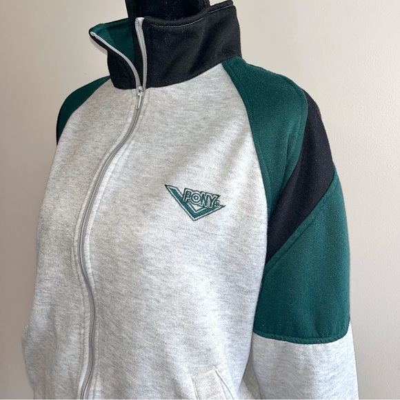 PONY Vintage Full Zip Sweatshirt Adult Medium 80s 90s Gray Green - Picture 2 of 7